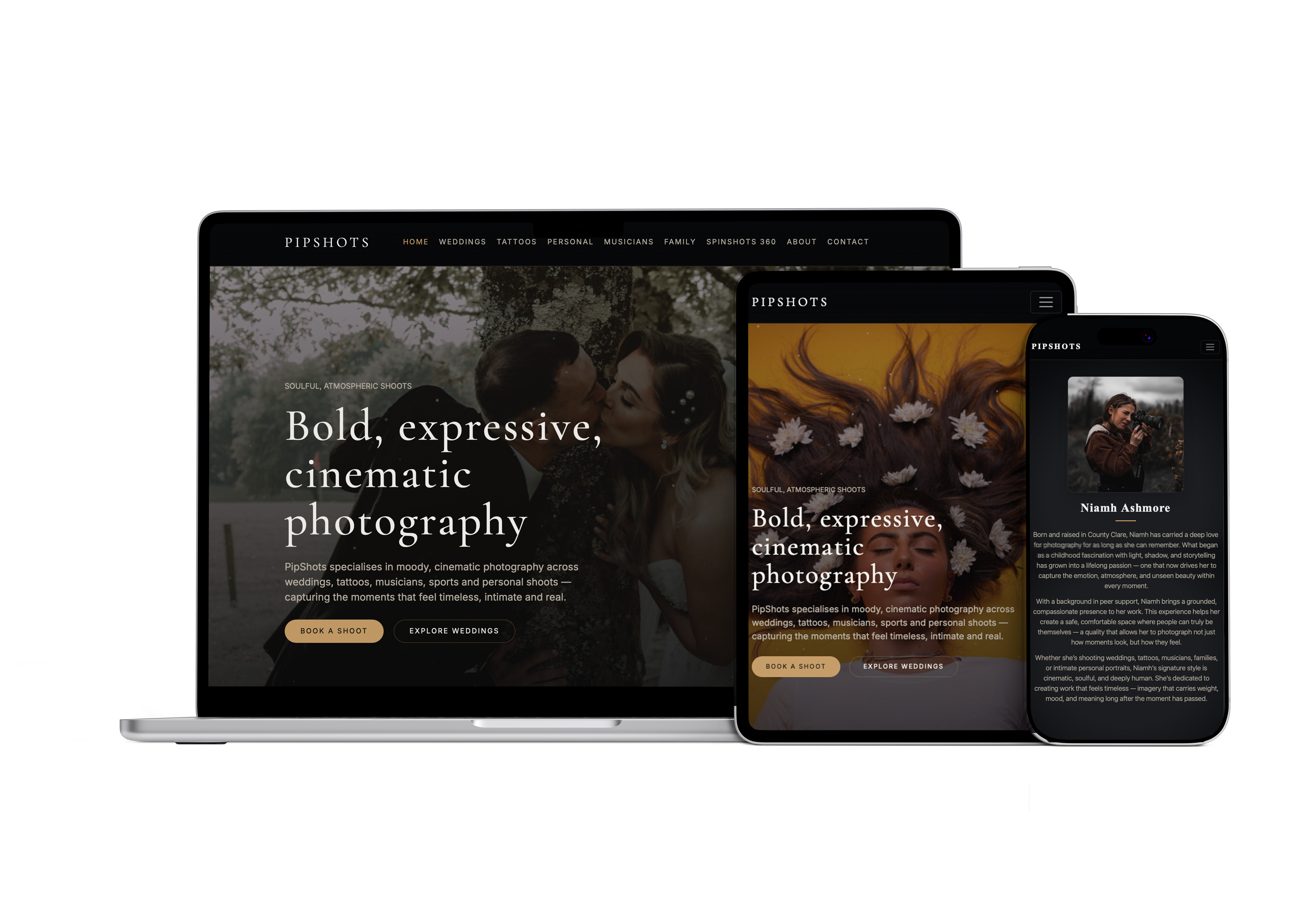 Pipshots photography website displayed across desktop, laptop, tablet and mobile devices
