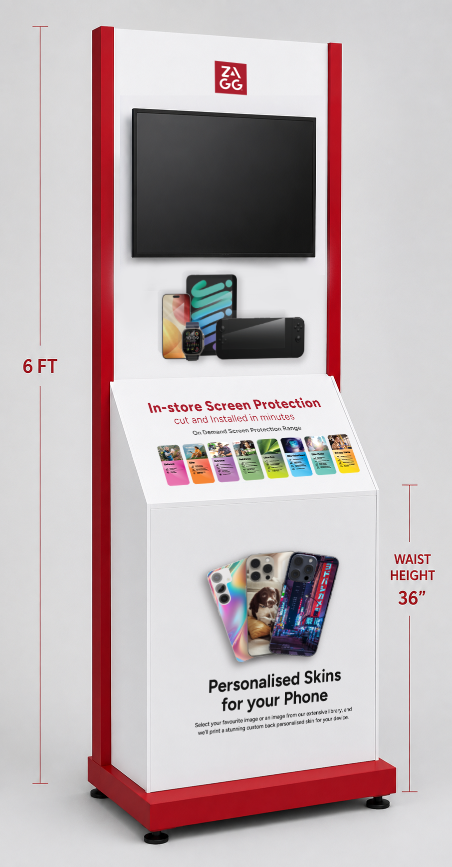 ZAGG tall freestanding retail display artwork