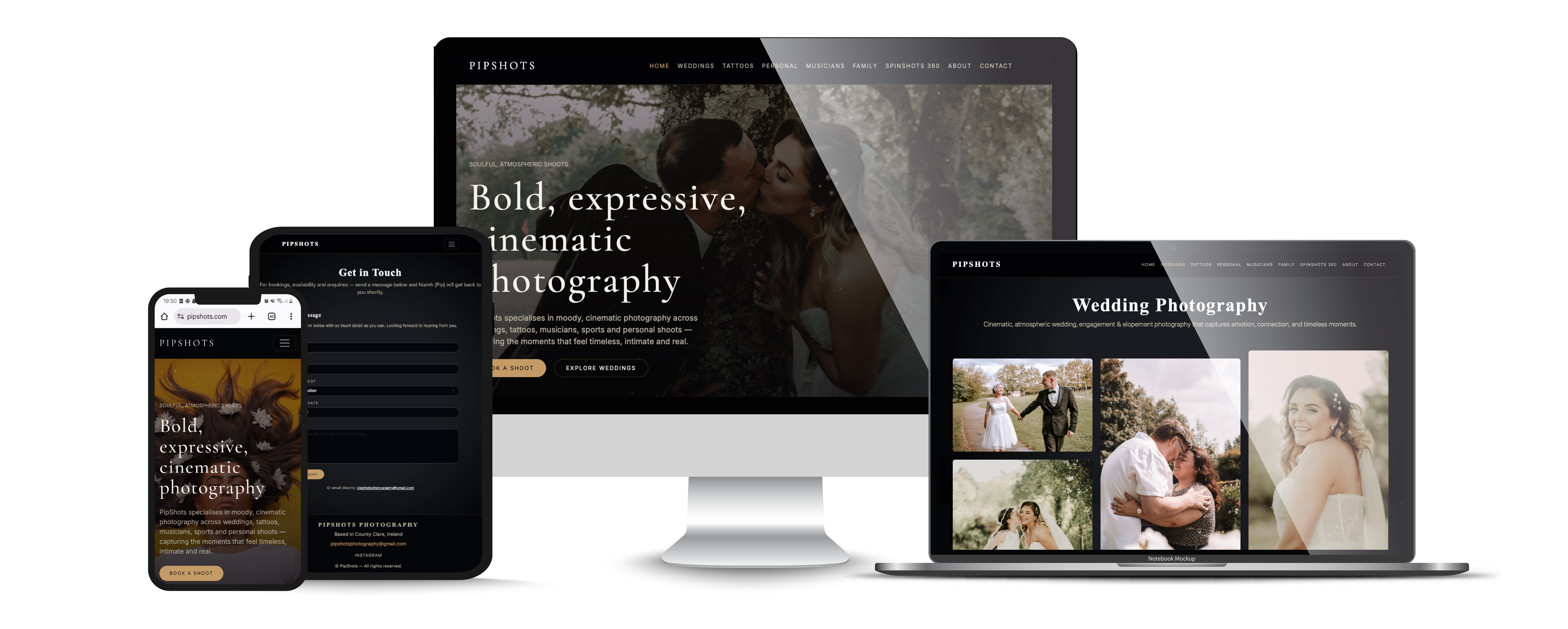 Pipshots website shown across desktop, laptop, tablet and mobile